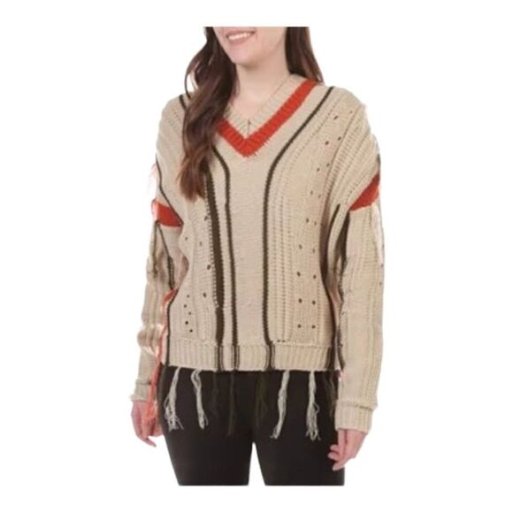 Shadow & Sky V Neck Chunky Mix Media Fringe Sweater Size Large NEW With Tags - Picture 1 of 16